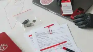 ראיות קבילות לבית משפט – מסמכים, כונני USB וציוד חקירה על שולחן
