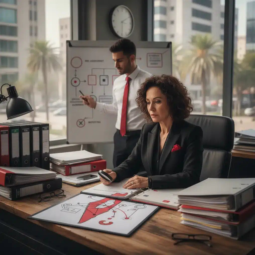 חוקרת בוחנת מסמכים בזכוכית מגדלת ועמית מציג תרשים זרימה של הליך חקירה בלוח לבן במשרד