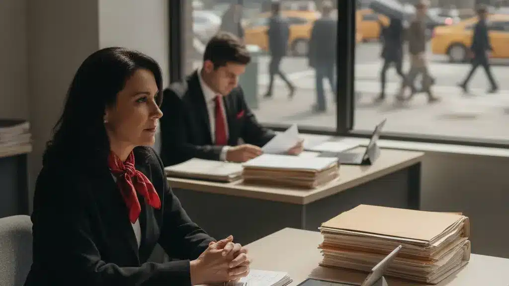 אישה במשרד עם צעיף אדום יושבת ליד שולחן עם תיקים, ובחלון מאחוריה מוניות ועוברי אורח