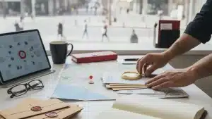 אדם בוחן מפה ומסמכים במגדלת על שולחן עבודה עם טאבלט, מעטפות חתומות ונוף עירוני