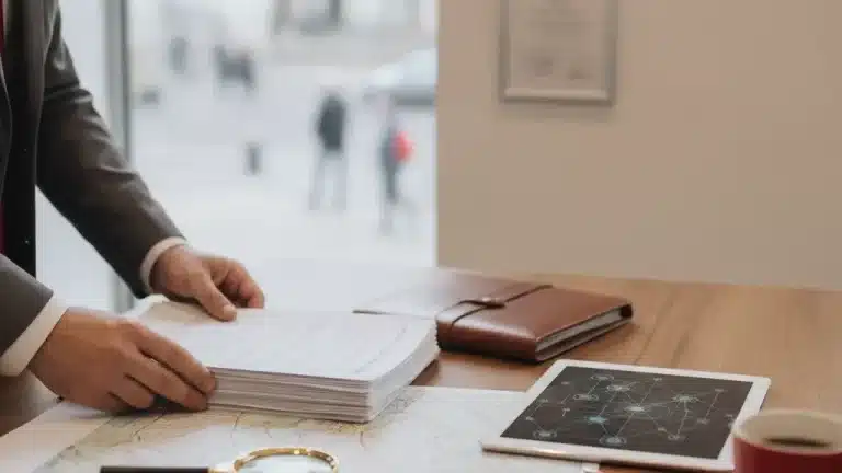 איש עסקים בחליפה מעיין בערימת מסמכים על שולחן עם מפה, טאבלט, מגדלת ויומן עור