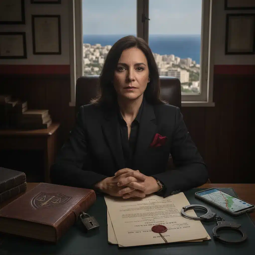 חוקרת פרטית בחיפה יושבת במשרדה מול חוק, אזיקים ומסמך חתום, עם נוף לים ברקע