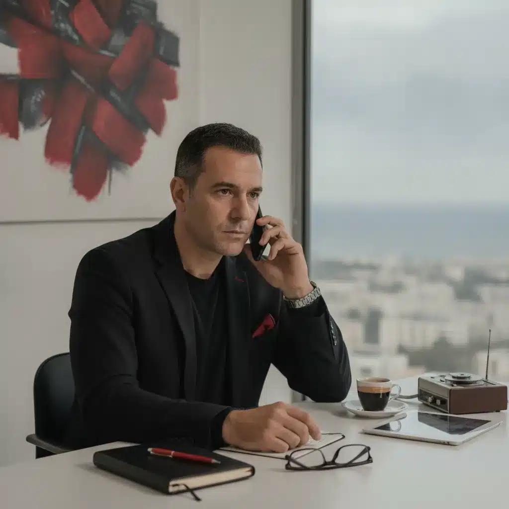 גבר בחליפה שחורה מדבר בטלפון במשרד מעל העיר, לקראת שיחת ייעוץ דיסקרטית