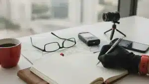 יד בכפפה שחורה כותבת במחברת ליד מפה, משקפיים, מכשיר הקלטה, מצלמה על חצובה וספל קפה אדום