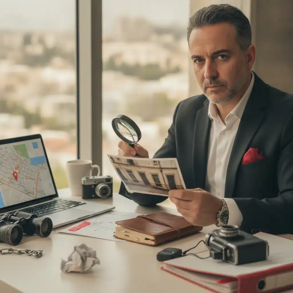 חוקר פרטי במשרד בוחן תצלום בזכוכית מגדלת, עם מחשב נייד, מפה, משקפת ומצלמה על השולחן
